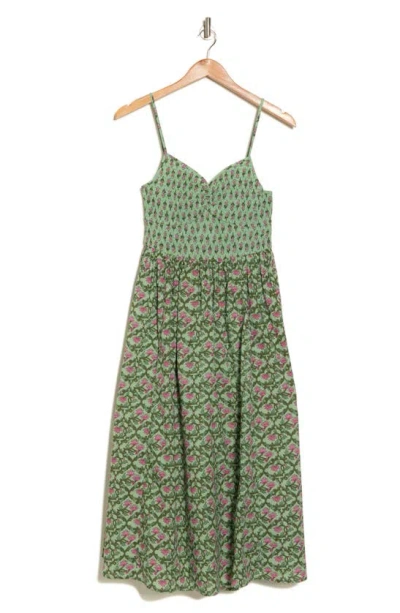 Maisie Lola Pinstripe Cotton Fit & Flare Dress In Olive Flower