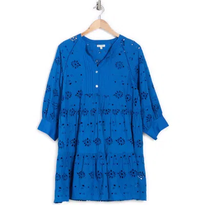 Maisie Long Sleeve Eyelet Button-up Minidress In Cobalt
