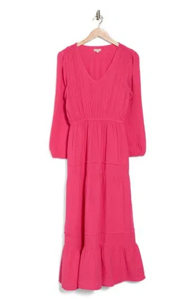 Maisie Long Sleeve Tiered Cotton Midi Dress In Hot Pink