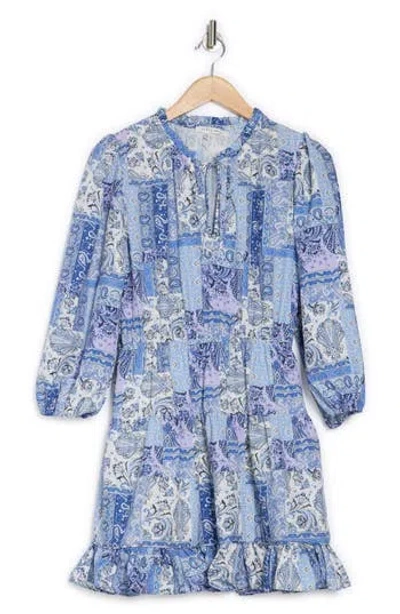 Maisie Long Sleeve Tiered Minidress In Blue Patchwork
