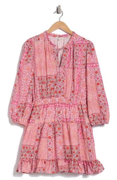Maisie Long Sleeve Tiered Minidress In Pink Patchwork