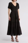 Maisie Short Sleeve Tiered Cotton Midi Dress In Black
