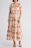 Maisie Short Sleeve Tiered Cotton Midi Dress In Desert Rose