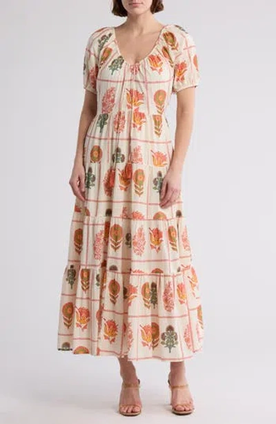 Maisie Short Sleeve Tiered Cotton Midi Dress In Desert Rose