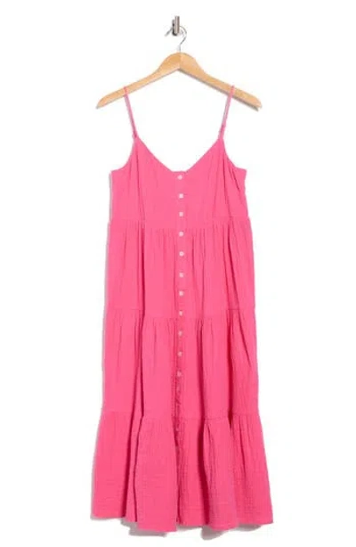 Maisie Stella Button Front Cotton Gauze Tiered Dress In Pink