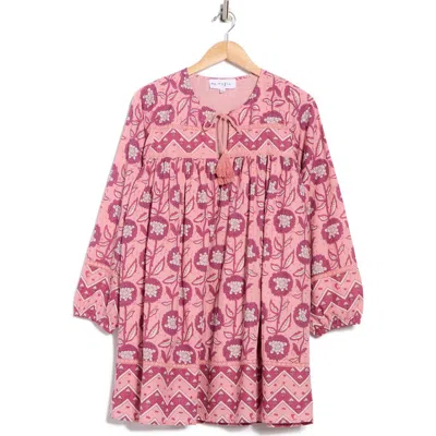 Maisie Tassel Tie Long Sleeve Cotton Dress In Pink