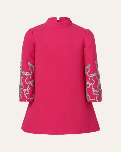 Maison Ava Kids' Girl's Charlotte Crystal Bow Crepe Mini Dress In Hot Pink