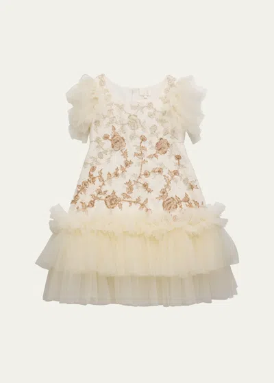 Maison Ava Kids' Girl's Everly Hand Embroidered Floral Layered Dress In Ivory