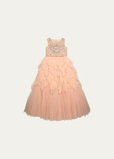 Maison Ava Kids' Girl's Francesca Embellished Top & Layered Skirt In Peach
