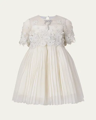 Maison Ava Kids' Girl's Leonie Pleated Floral Applique Mini Dress In Ivory