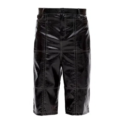 Maison Bogomil Men's Black Grid Cut – Mid-length Leather Trousers With Contrast Stitching