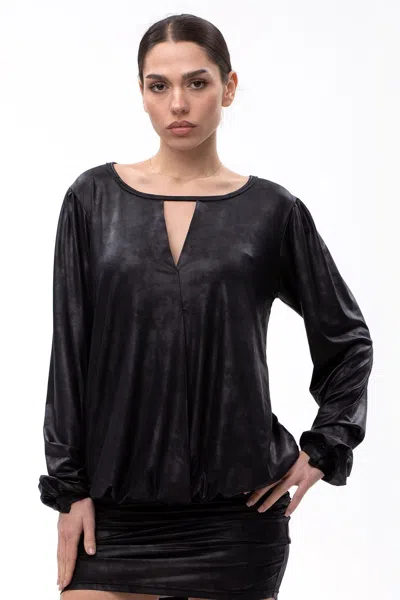 Maison Bogomil Women's Black Jersey Leather Surplice Blouse