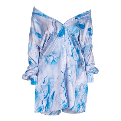 Maison Bogomil Women's Long Satin Shirt With Delicate Blue Watercolour Print