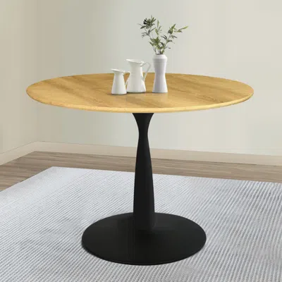 Maison Boucle 35'' Round Pedestal Dining Table With Wood Grain Finish Top And Metal Base- In Brown