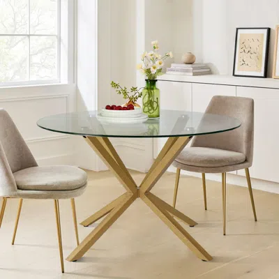 Maison Boucle 39'' Round Dining Table For 4 With Angled Base, Clear Top And Oak Legs- In Brown