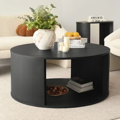 Maison Boucle 40'' Round Pedestal Coffee Table With Storage- In Black