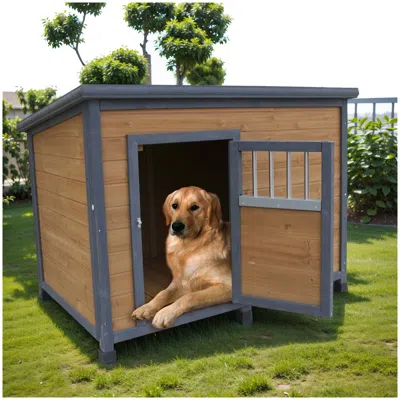 Maison Boucle 43'' Large Outdoor Dog House With Waterproof Roof,lockable -  In Brown