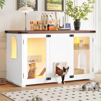 Maison Boucle 47'' Modern Litter Box Enclosure With Stairs,led Light,and Smart Doors -  In White