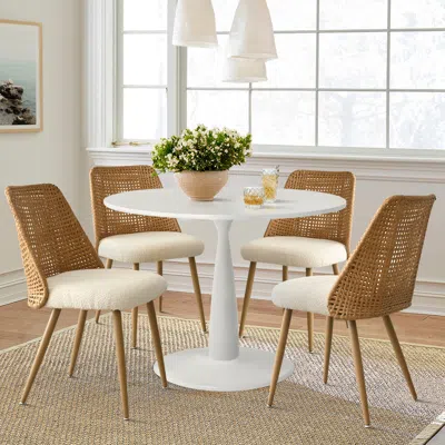 Maison Boucle 5-piece Dining Set With 35" Round Pedestal Table & 4 Bouclé Rattan Chairs- In Multi