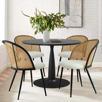 Maison Boucle 5-piece Round Dining Set With 4 Bouclé Chairs And Rattan Backrests For Dining Room- In Multi