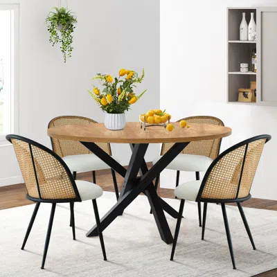 Maison Boucle 5-piece Round Dining Set With Modern Chairs Bouclé Seats Natural Rattan Backs For Small Spaces - Mai In Brown