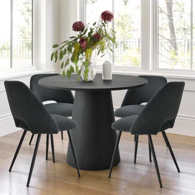 Maison Boucle 5-piece Round Dining Table Set With 35" Black Pedestal Table And 4 Boucle Upholstered Chairs-maison  In Multi