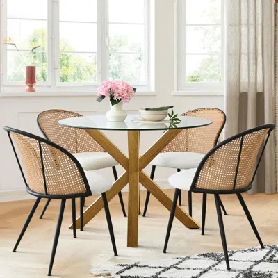 Maison Boucle 5-piece Round Glass Dining Set With Bouclé Chairs And Rattan Backrests -  In Neutral