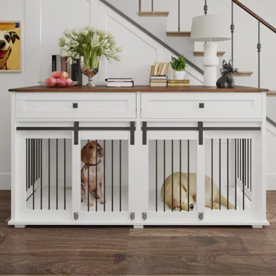 Maison Boucle 63'' Large Double Dog Crate Furniture With Divider And Storage -  In White