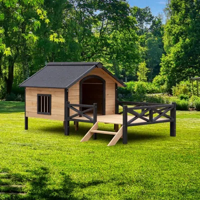 Maison Boucle 66'' Large Wooden Cabin Kennel Style Outdoor Dog House With Porch -  In Brown