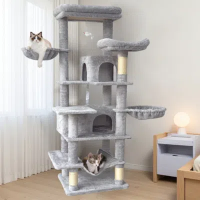 Maison Boucle 6-level Plush Cat Tree Tower With Hammocks For Indoor Cats In Gray