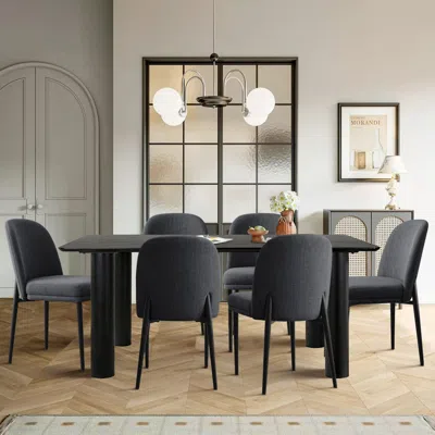 Maison Boucle 7-piece Dining Table Set With 6 Armless Upholstered Linen Fabric Dining Chairs- In Black