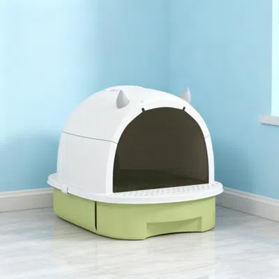 Maison Boucle Cat Litter Box With Flap Door And Scoop For Small Cats In Green