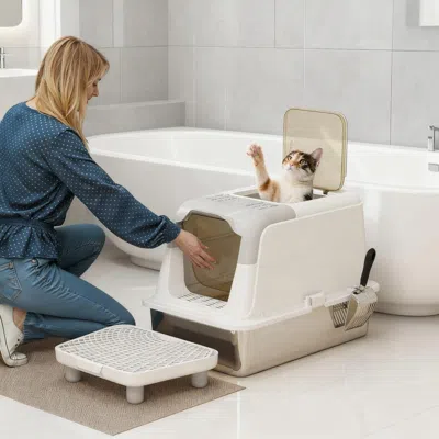 Maison Boucle Enclosed Stainless Steel Cat Litter Box With Scoop For Cats In White