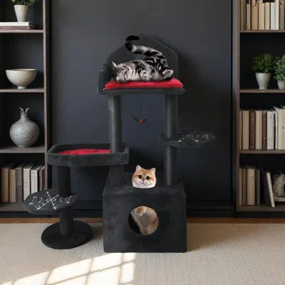 Maison Boucle Gothic Cat Tree With Scratching Posts,coffin Bed,perch And Condos -  In Black