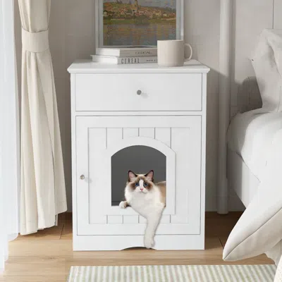 Maison Boucle Hidden Cat Litter Box Enclosure With Drawer -  In White