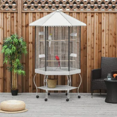Maison Boucle Iron Hexagon Bird Cage With Wheels In White