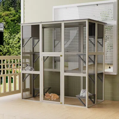 Maison Boucle Large Wooden Outdoor Catio With Platforms And Napping Boxes -  In Gray