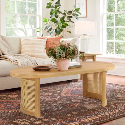 Maison Boucle Mid Century 48" Oval Coffee Table With Rattan Pedestal Legs For Living Room -  In Brown