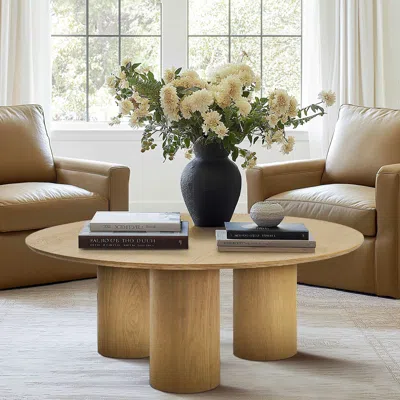 Maison Boucle Modern 40" Round Coffee Table With Drum Pedestal And 3 Legs For Living Room -  In Brown