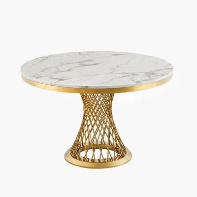 Maison Boucle Modern High Gloss Faux Marble Round Dining Table In Gold