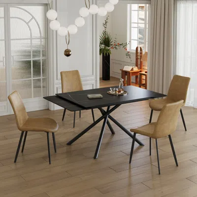 Maison Boucle Modern Rectangular Extendable Sintered Stone Dining Table In Black