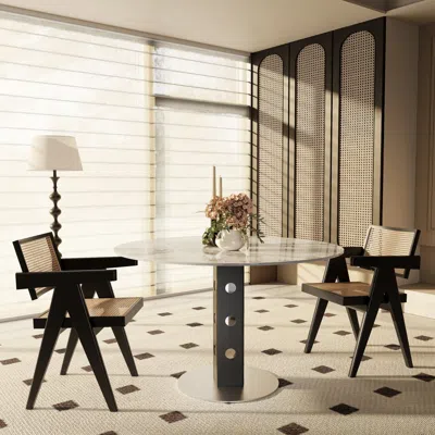 Maison Boucle Modern Round Pedestal Dining Table With Faux Marble Stone Top In Brown