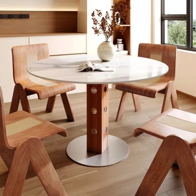 Maison Boucle Modern Round Pedestal Dining Table With Faux Marble Stone Top In Brown