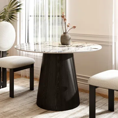 Maison Boucle Modern Round Pedestal Dining Table With Faux Marble Top In Black
