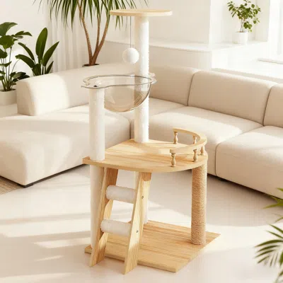 Maison Boucle Modern Wooden Cat Tree Tower For Indoor Cats In White