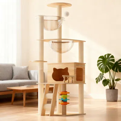 Maison Boucle Modern Wooden Multi-level Tall Cat Tree Tower For Small Large Cats
