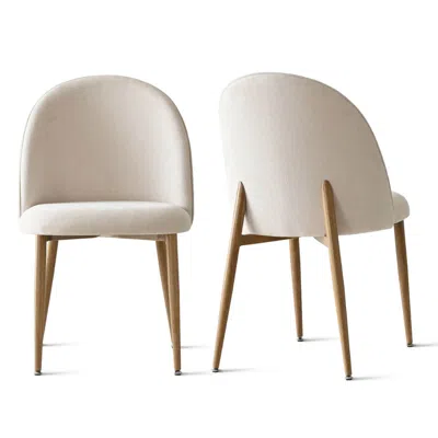 Maison Boucle Set Of 2 Modern Dining Chairs With Beige Fabric Seat And Oak Look Metal Legs For Dining Room