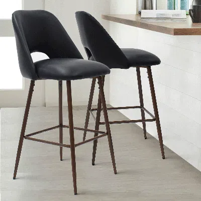 Maison Boucle Set Of 2 Modern Upholstered Counter Height Stools With Backs In Black