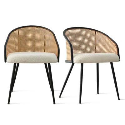Maison Boucle Set Of 2 Rattan Dining Chairs With Upholstered Boucle Fabric