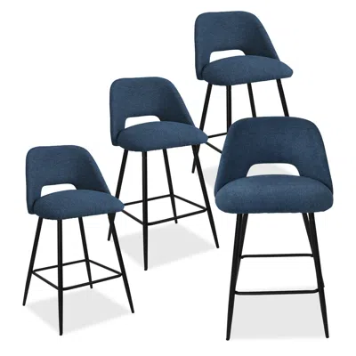 Maison Boucle Set Of 4 Modern Upholstered Counter Height Stools With Backs In Blue